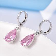 Load image into Gallery viewer, Pink Pear Cut Dangling Leverback Earrings in 14K White Gold